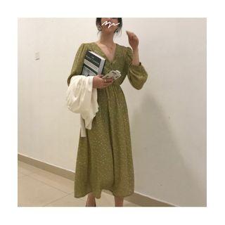 Long-sleeve Floral Print V-neck A-line Midi Dress Green - One Size
