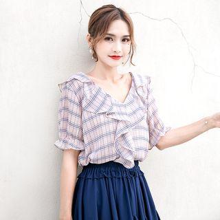 Plaid Short-sleeve Ruffle Chiffon Blouse