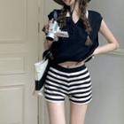 Sleeveless Polo Collar Top / Striped Shorts