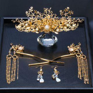 Set : Retro Wedding Phoenix Faux Pearl Tiara + Dangle Earring