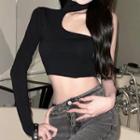 Long-sleeve One-shoulder Crop Top Black - One Size