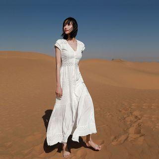 Cap-sleeve Lace Trim Midi A-line Dress