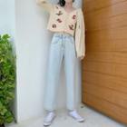 Floral Ruffled Cardigan / High-waist Jeans
