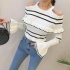 Cold-shoulder Frilled Stripe Knit Top