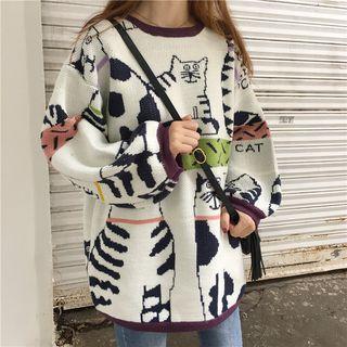 Cat Print Sweater White - One Size