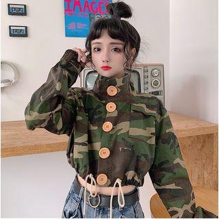 Camo Print Cropped Zip Jacket As Shown In Figure - One Size
