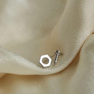 Non-matching Screw & Nut Earring 1 Pair - Silver - One Size