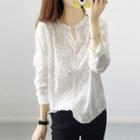 Long Sleeve V-neck Lace Blouse White - One Size