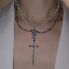 Rhinestone Crisscross Layered Necklace Silver & Blue - One Size