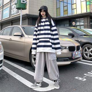 Striped Hooded Sweatshirt / Drawstring Cargo Pants / Set