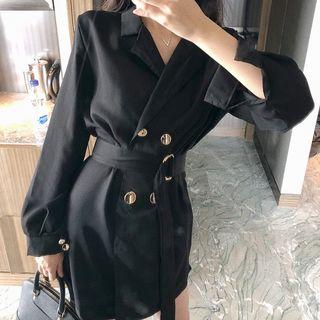 Plain Long-sleeve Dress Black - One Size