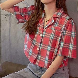 Elbow-sleeve Plaid Cropped Shirt As Shown In Figure - One Size