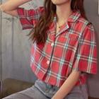 Elbow-sleeve Plaid Cropped Shirt As Shown In Figure - One Size