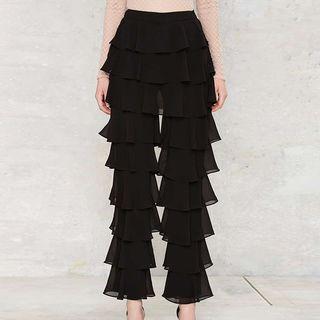 Plain Ruffle Trim Straight Cut Pants