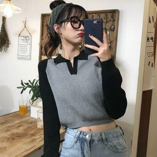 Long-sleeve Two-tone Open-collar Knit Top Gray & Black - One Size