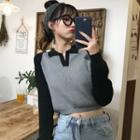 Long-sleeve Two-tone Open-collar Knit Top Gray & Black - One Size