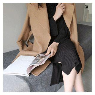 Wool Blend Coat With Sash Beige - One Size
