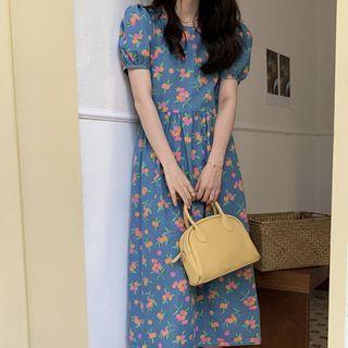 Short-sleeve Floral A-line Dress Orange Print - Blue - One Size