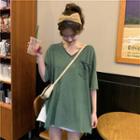 V-neck Slit-side Short Sleeve Loose T-shirt