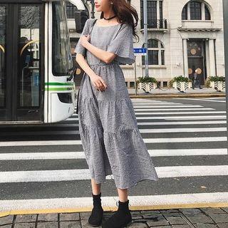 Short Sleeve Checked Midi Dress