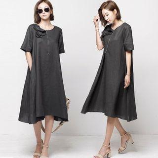 Round-neck Ruffle-detail Linen Blend Dress