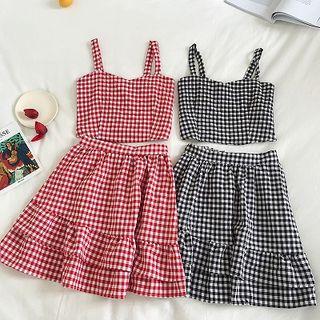 Set:color-block Plaid Tank Top + Ruffled-trim High-waist Skirt