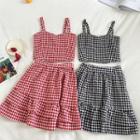 Set:color-block Plaid Tank Top + Ruffled-trim High-waist Skirt