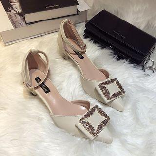 Ankle-strap Rhinestone Buckle Kitten-heel Pumps