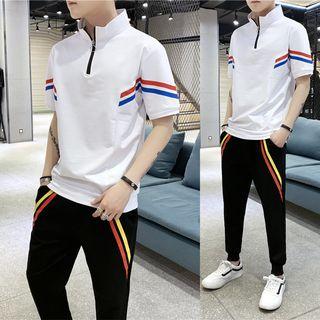 Set: Short-sleeve Mock-neck Striped Panel Top + Sweatpants