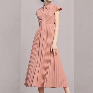 Cap-sleeve Accordion-pleat Midi Shirt Dress