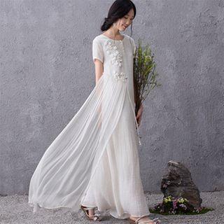 Embroidered Short-sleeve Layered Maxi A-line Dress