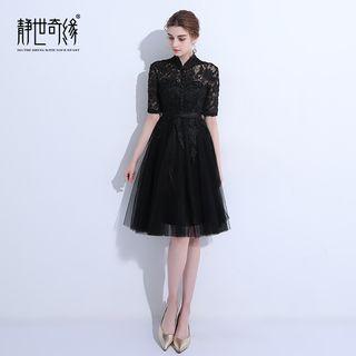 Elbow-sleeved Mesh A-line Cocktail Dress