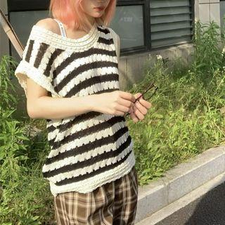 Striped Pointelle Knit Tank Top Stripe - Black & White - One Size