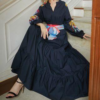 Embroidered Long-sleeve Maxi Shift Dress