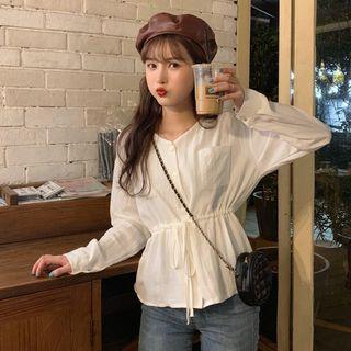 Long-sleeve Tie-waist V-neck Blouse