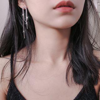 Rhinestone Fringed Earring 1 Pair - S925 Silver Stud - Silver - One Size