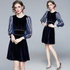 Striped Panel Long-sleeve Velvet A-line Dress