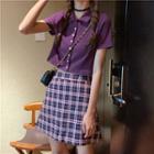 Short-sleeve Button Cropped Polo Shirt / Plaid Mini A-line Skirt