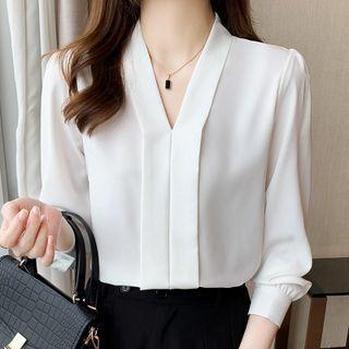Long-sleeve V-neck Plain Loose Fit Shirt