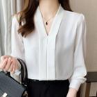 Long-sleeve V-neck Plain Loose Fit Shirt