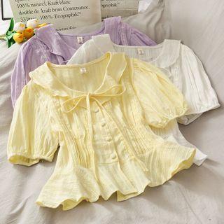 Peter Pan-collar Tie-neckline Plain Top