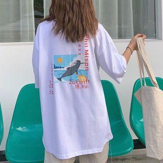 Short-sleeve Lettering Cartoon Round Neck T-shirt