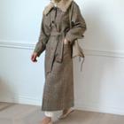 Faux-fur Collar Woolen Plaid Coat Brown - One Size