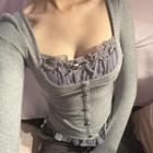 Plain Lace Ruffled Square Neck Skinny Long Sleeve Top