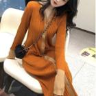 Button-up Ribbed Knit Midi Sheath Dress