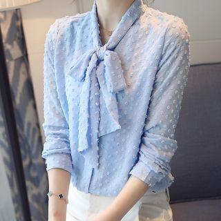 Long-sleeve Dotted Tie-neck Chiffon Blouse