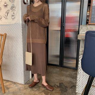 Sleeveless Midi Dress / Open Knit Round Neck Sweater
