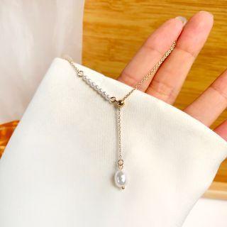 Faux Pearl Pendant Alloy Y Necklace 1 Pc - Gold - One Size