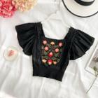 Short-sleeve Flower Embroidered Cropped Top