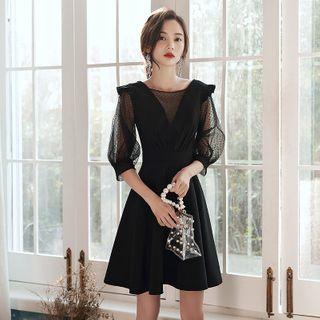 Balloon-sleeve Dotted Panel A-line Cocktail Dress